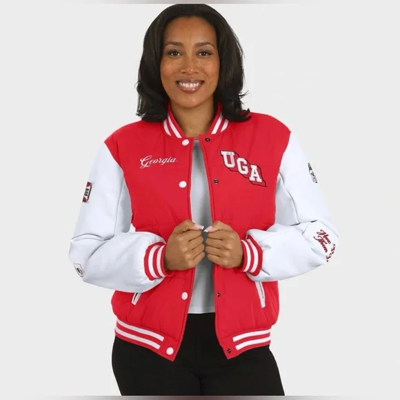 Women's WEAR by Erin Andrews Red Georgia Bulldogs Varsity Puffer Jacket Sz S New - Picture 2 of 10